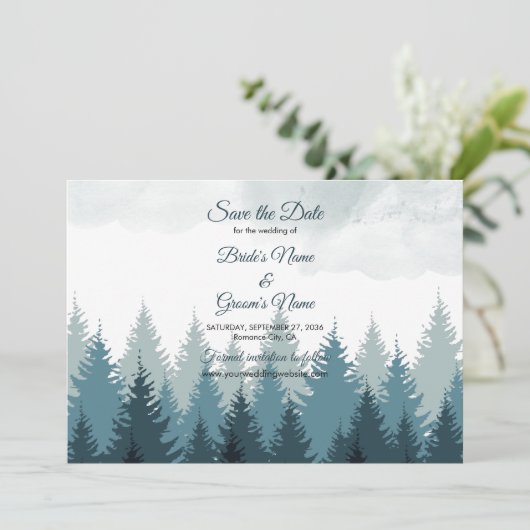 Save The Date Pine Arbre Aquarelle Forêt Mariage rustique (Debout devant)