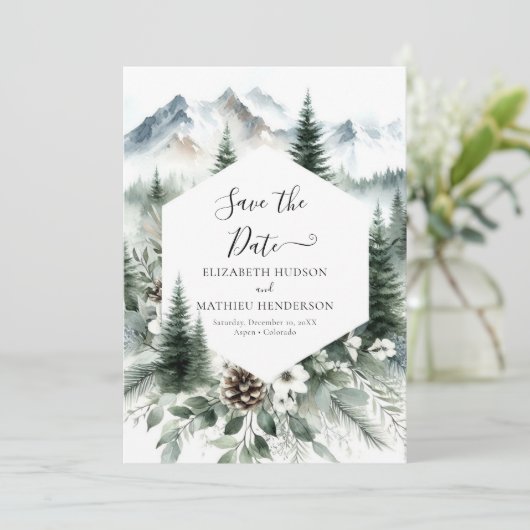 Save The Date Pine Editable Mountain Mariage (Debout devant)
