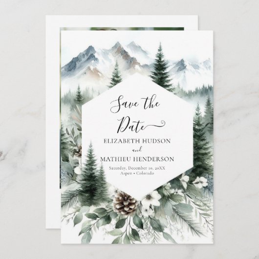 Save The Date Pine Editable Mountain Mariage (Devant / Derrière)