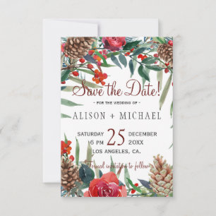 Save The Date Pine rustique cônes hiver Floral Mariage de Noël