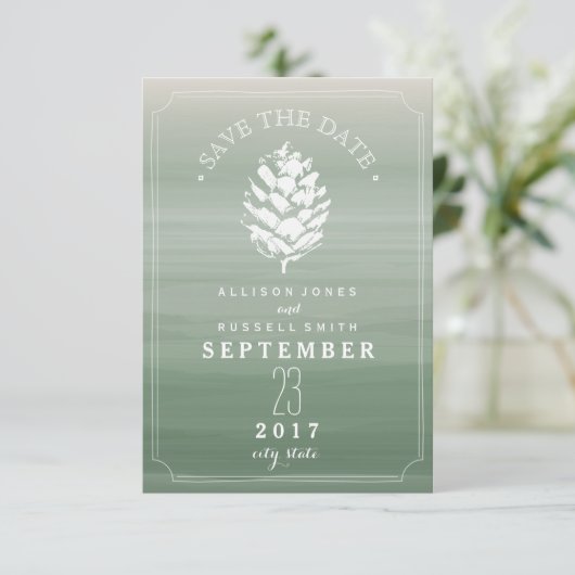 Save The Date Pinecone Vert Aquarelle Mariage Enregistrer La Dat (Debout devant)