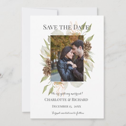 Save The Date Pinecones rustiques Fiançailles Photo Enregistrer  (Devant)