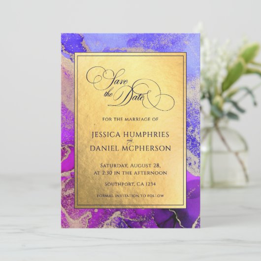 Save The Date Pink Abstrait violet à huile Mariage plat (Debout devant)