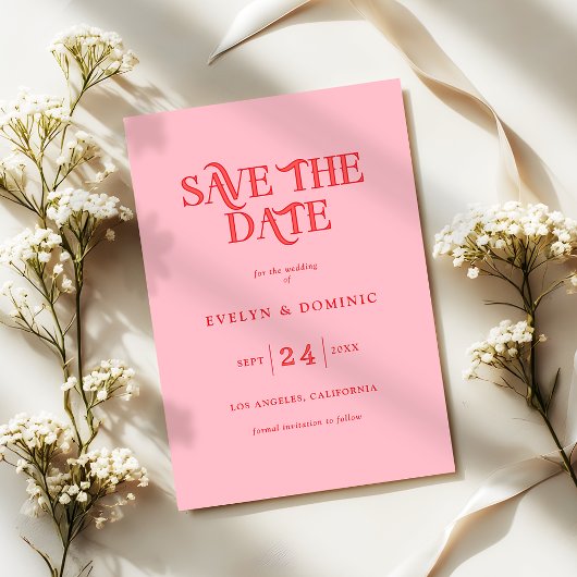 Save The Date Pink and Red Typography Retro Modern Wedding