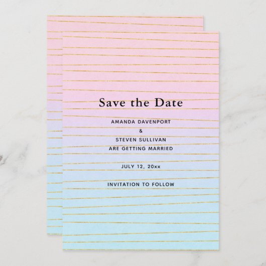 Save The Date Pink Blue Pastel dégradé avec Gold Lines Mariage (Devant / Derrière)