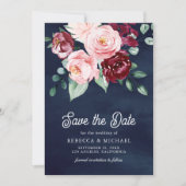 Save The Date Pink Burgundy Floral Photo Marine Mariage bleu (Devant)