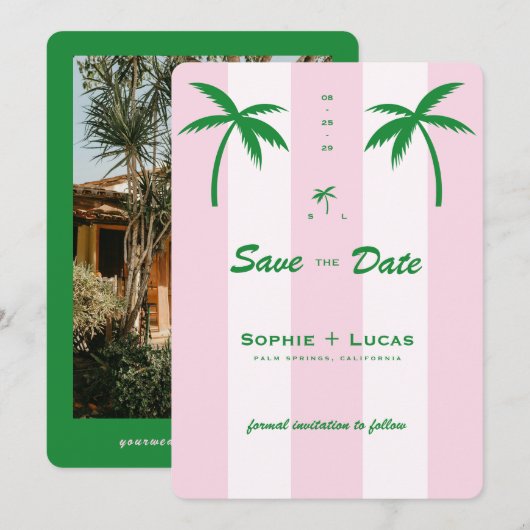 Save The Date Pink Cabana Stripes Palm Tree Monogram Wedding (Devant / Derrière)