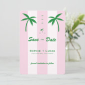 Save The Date Pink Cabana Stripes Palm Tree Monogram Wedding (Debout devant)