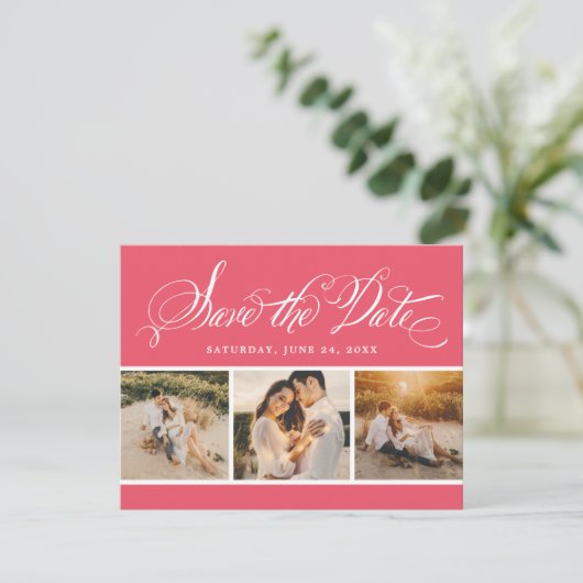 Save The Date Pink Calligraphy Script Mariage Photo Collage (Debout devant)