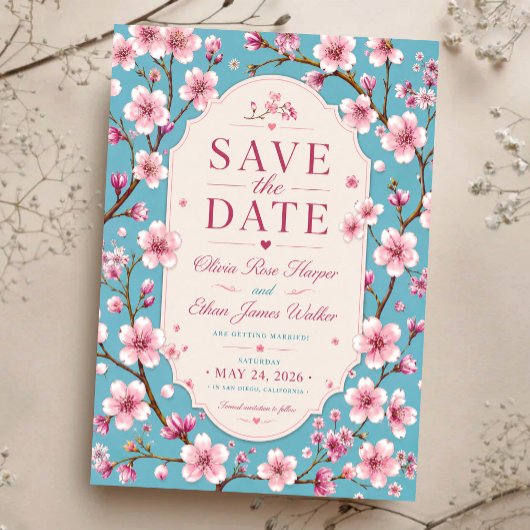 Save The Date Pink Cherry Blossom Romantic Spring Elegant Sakura