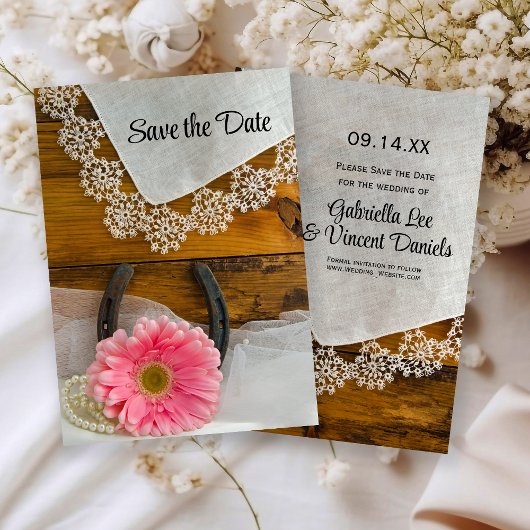 Save The Date Pink Daisy et dentelle Western Wedding Enregistrer