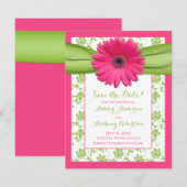 Save The Date Pink Daisy Green Floral Mariage damassé (Devant / Derrière)