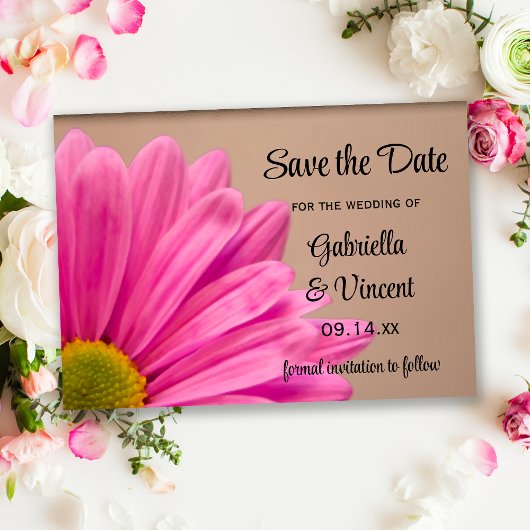 Save The Date Pink Daisy sur Tan Wedding Enregistrer la date
