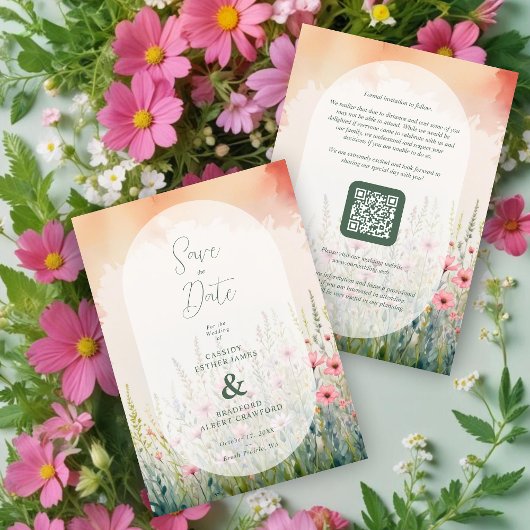 Save The Date Pink Delicate Romantic Wildflowers Field Wedding