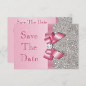 Save The Date Pink Faux Bow & Diamonds Enregistrer La Date (Devant / Derrière)