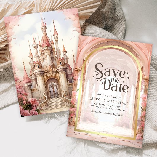 Save The Date Pink Floral Fairytale Castle Wedding