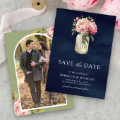 Save The Date Pink Floral Mason Jar Photo Marine Blue Mariage