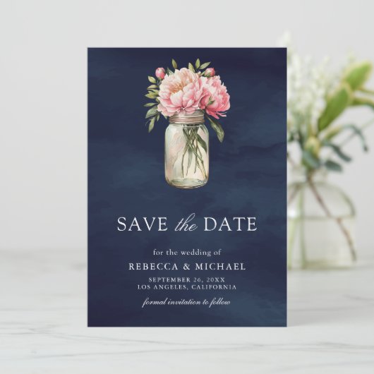 Save The Date Pink Floral Mason Jar Photo Marine Blue Mariage (Debout devant)