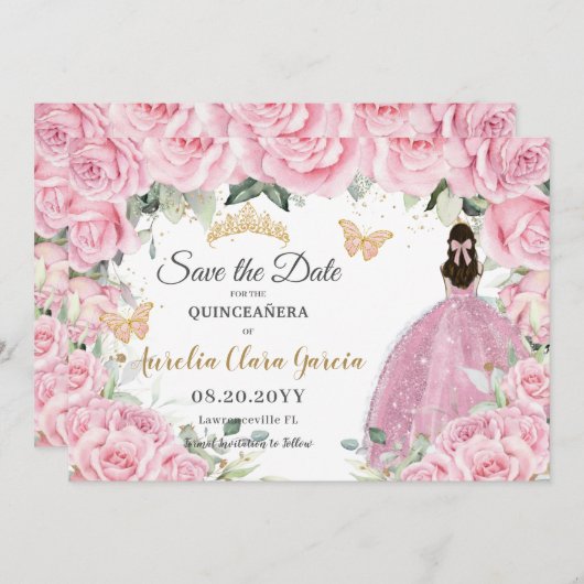 Save The Date Pink Floral Princess Quinceañera Quince Sweet 16 (Devant / Derrière)
