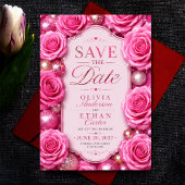 Save The Date Pink Glitter Rose Glamorous Floral