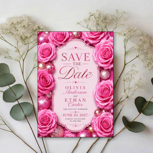 Save The Date Pink Glitter Rose Glamorous Floral