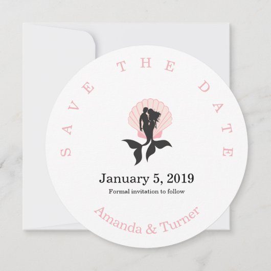 Save The Date Pink Mermaids Couple on à Seashell Design (Dos)