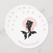 Save The Date Pink Mermaids Couple on à Seashell Design (Devant / Derrière)