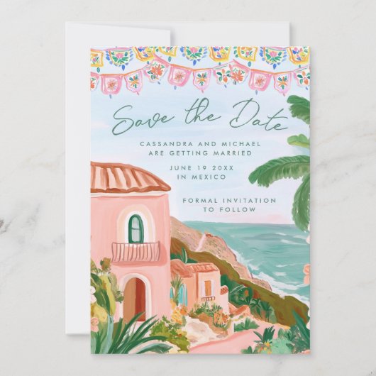 Save The Date Pink Mexican Beach Town Destination Wedding (Devant)