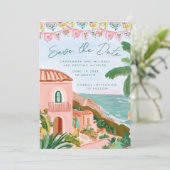 Save The Date Pink Mexican Beach Town Destination Wedding (Debout devant)
