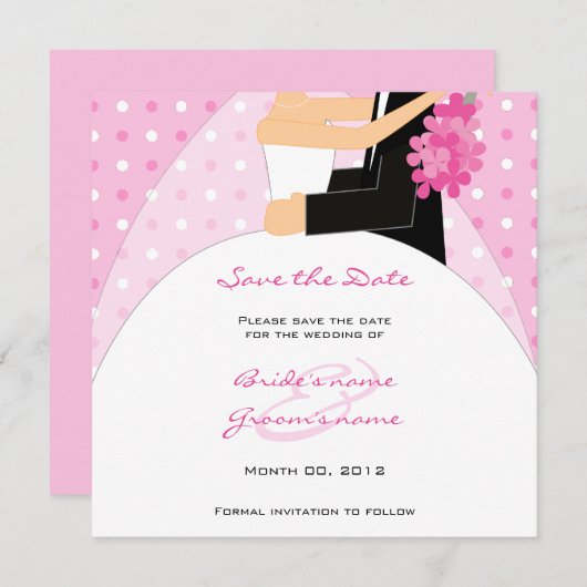 Save The Date Pink Polka Dot Bride et Groom Enregistrer les cart (Devant / Derrière)