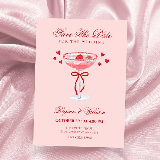 Save The Date Pink red cocktail bow wedding 