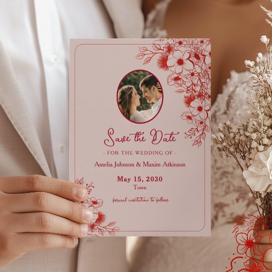 Save The Date Pink Red Floral Photo