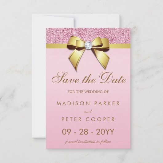 Save The Date Pink Sequins Gold Bow Enregistrer Le Mariage Date (Devant)