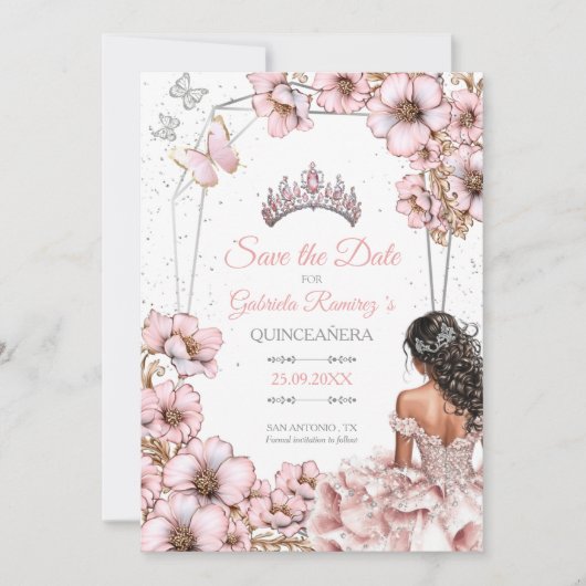 Save The Date Pink Silver Tiara Butterfly Quinceañera (Devant)