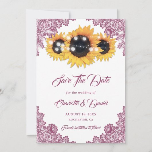 Save The Date Pink Sunflower Rustic Floral Lace Wedding (Devant)
