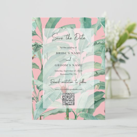 Save The Date Pink Tropical Banana Palm Feuille Mariage QR Code (Debout devant)