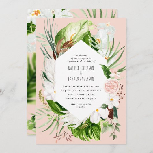 Save The Date Pink, turquoise + orchidée tropicale à fleurs invi (Devant / Derrière)