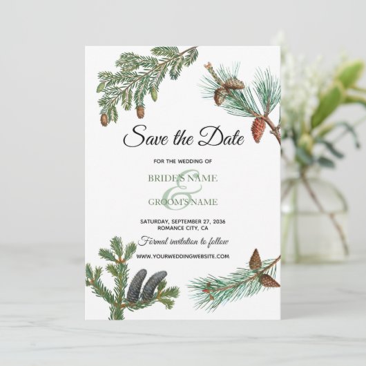 Save The Date Pins rustiques Mariage de verdure forestière (Debout devant)