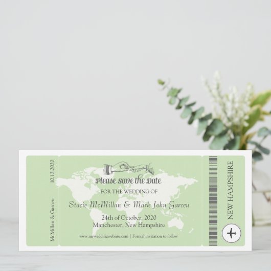 Save The Date Pistachio Green Boarding Pass Enregistrer la date (Debout devant)