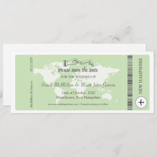 Save The Date Pistachio Green Boarding Pass Enregistrer la date (Devant / Derrière)