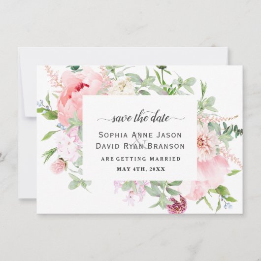 Save The Date Pivoines Rose Pâle Fleurissant Mariage Calligraphi (Devant)