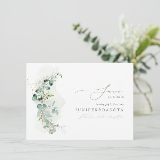 Save The Date PixDezines Aquarelle Eucalyptus Wreath Vert (Debout devant)