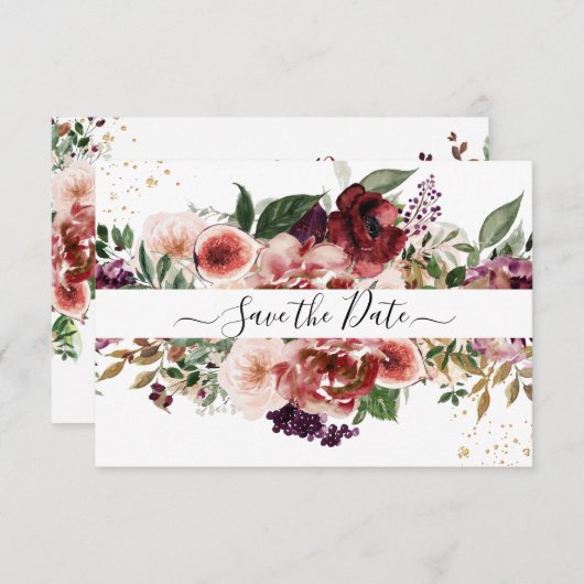 Save The Date PixDezines Aquarelle Marsala Rouge Automne Aimer E (Devant / Derrière)