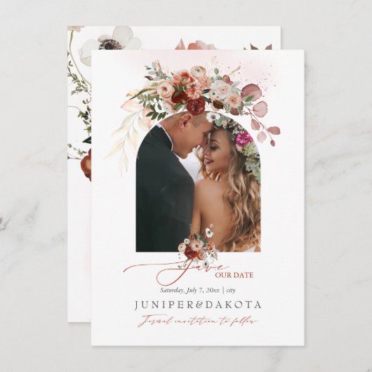 Save The Date PixDezines Aquarelle Marsala Rouge Automne Aimer E (Devant / Derrière)