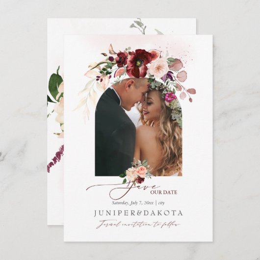 Save The Date PixDezines Aquarelle Marsala Rouge Automne Amour (Devant / Derrière)