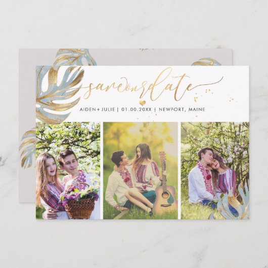 Save The Date PixDezines Dusty Blue Monstera Faux Metallic (Devant / Derrière)