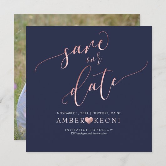 Save The Date PixDezines Enregistrer la date/Faux Rose Gold/Midn (Devant / Derrière)