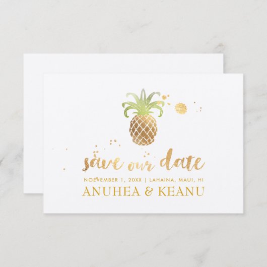 Save The Date PixDezines Faux Gold Pineapple|police Brushscript (Devant / Derrière)
