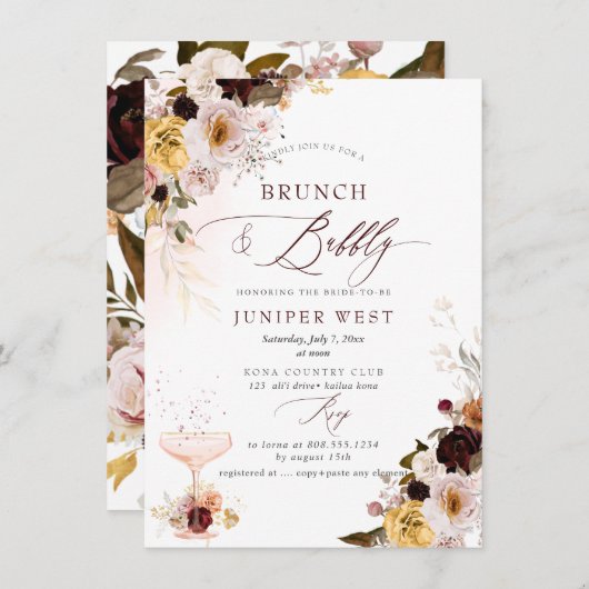Save The Date PixDezines H2 Boho Fall Flowers Brunch Bubbly (Devant / Derrière)
