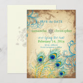 Save The Date PixDezines paon turquoise vintage (Devant / Derrière)